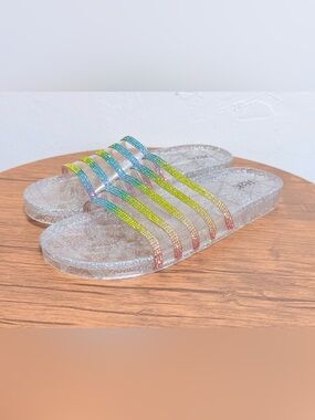 H2K Glitter Jelly Slide Sandals with Rainbow Straps Size 10